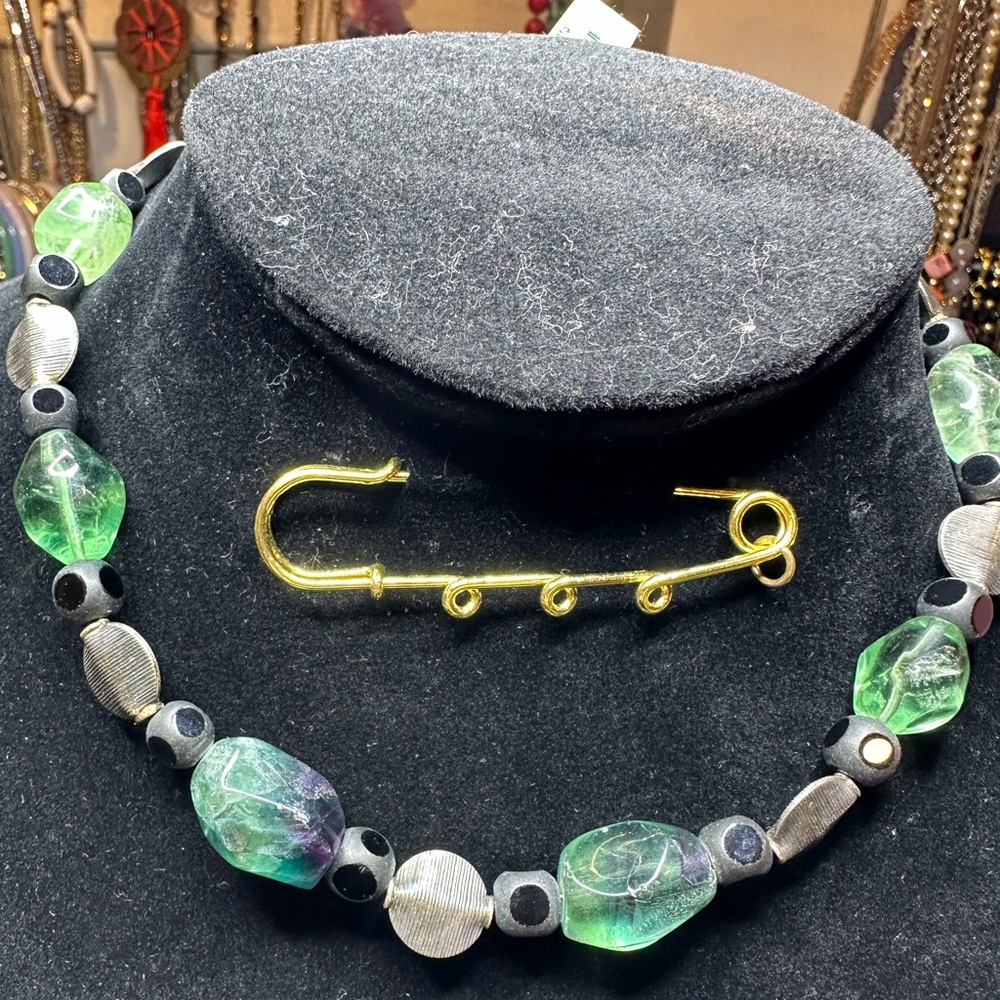 Sterling, Fluorite and Faceted Black Onyx Necklace